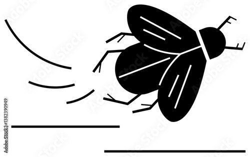 Black silhouette of a fly with motion lines showcasing flight dynamics. Ideal for pest control, biology, nature, speed, environment, motion, and minimalistic concepts. Flat simple metaphor