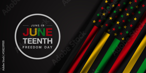 June 19 is Juneteenth freedom day. Flag.  Great for posters, banners, social media and more. Black background.