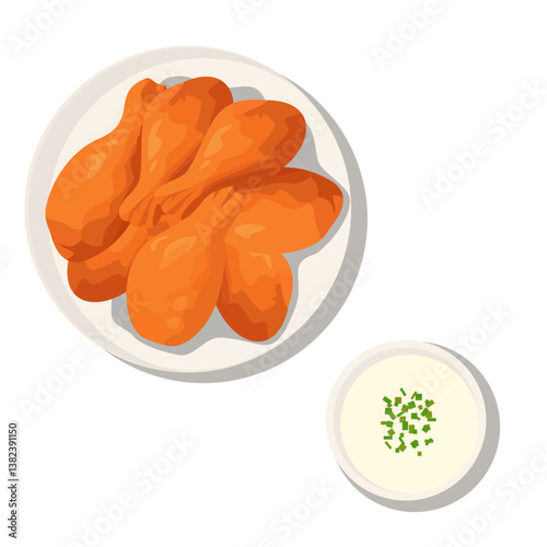 Top view of crispy, deep fried chicken drumsticks or legs on a plate isolated on a white background. Crunchy bar food with dipping sauce on a kitchen table at a bbq, pub or restaurant from above