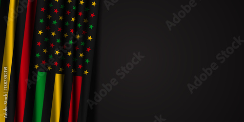 June 19 is Juneteenth freedom day. Flag and area for text. Great for posters, banners, social media and more. Black background.