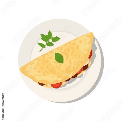 Top view of a toasted quesadilla or shawarma with a tortilla on a plate, isolated on a white background. Healthy food for lunch or snack with flatbread on a kitchen table at a pub,  bar or restaurant