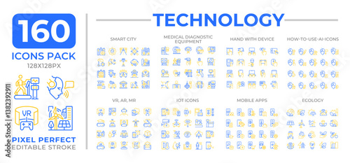 Technology two color line icons set collection. AI integration. Advanced equipment for various purposes bicolor outline mega pack isolated, pixel perfect. Duotone thin lineart. Editable stroke
