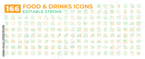 Food and drinks two color line icons set collection. Healthy nutrition ration. Eating organic products for wellbeing bicolor outline mega pack isolated. Duotone thin lineart. Editable stroke