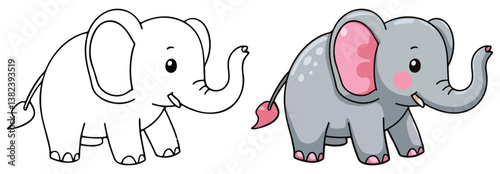 Elephant Line Art Vector Outline Illustration Black and White with Coloring Sample