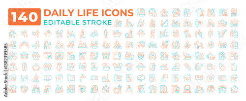 Daily life two color line icons set collection. Everyday activities at home and work experience. Routine tasks planning bicolor outline mega pack isolated. Duotone thin lineart. Editable stroke