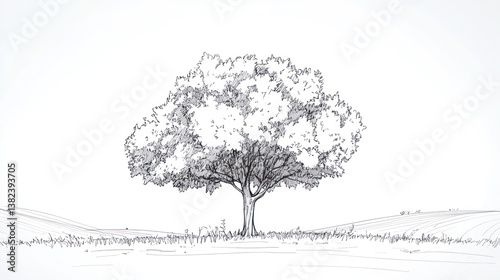 Sketch of solitary tree in rolling hills landscape