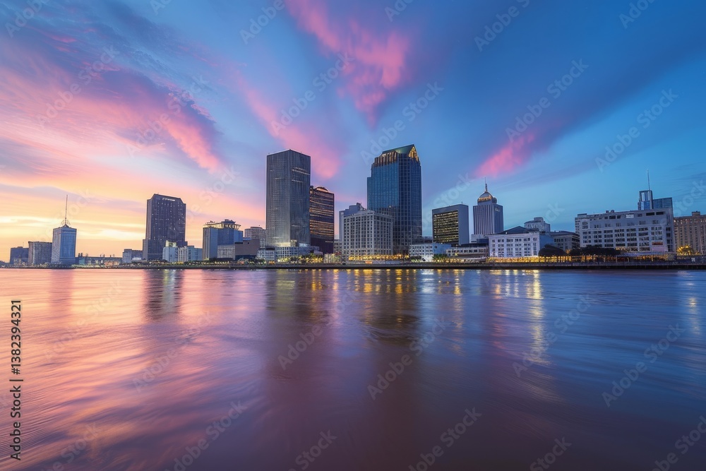 Obraz premium Stunning sunset over the New Orleans skyline illuminating the Mississippi River and highlighting the vibrant cityscape and colorful cloud formations