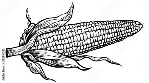 Ink drawing of corn cob, field harvest detail