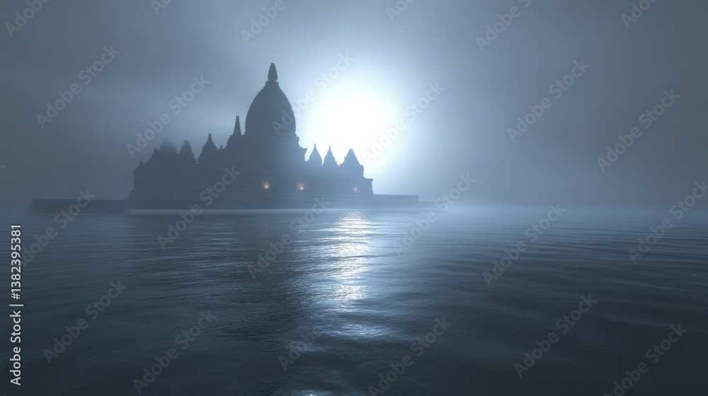 Obraz premium Misty Island Palace at Dawn