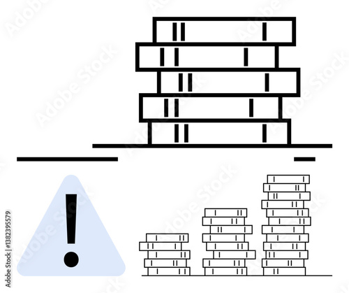 Stacked books and warning triangle symbolize knowledge, caution, balance, or organization. Vertical book arrangement conveys growth, phases, learning priority. Ideal for education, caution data