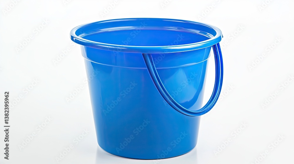 Blue plastic bucket with handle sits against white backdrop Blue plastic bucket with handle sits against white backdrop