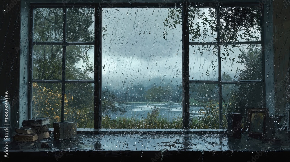 Fototapeta premium Peaceful Window with Gentle Rainfall