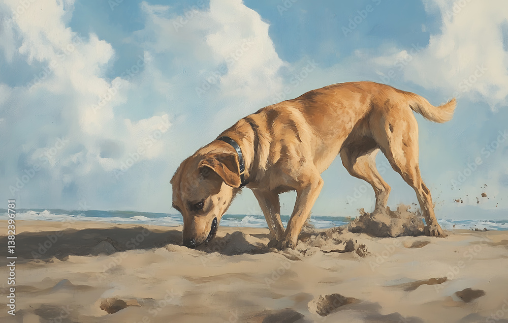dog digging in sand at beach with very determined look on his face as he finds treasure, enjoying outdoor activity and beautiful weather dog digging in sand at beach with very determined look on his face as he finds treasure, enjoying outdoor activity and beautiful weather