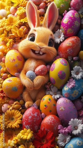 Bunny that is sitting among some colorful eggs photo