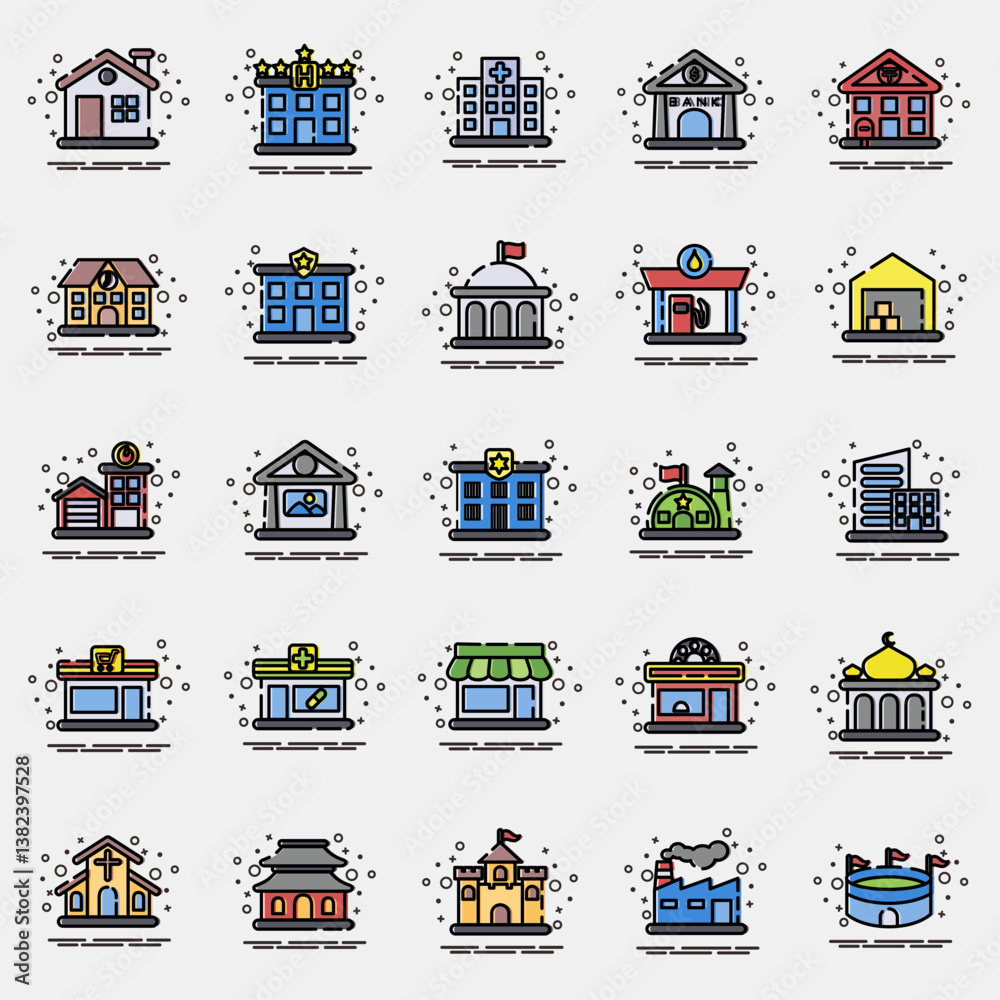 Icon set of building. Building elements. Icons in MBE style. Good for prints, web, posters, logo, site plan, map, infographics, etc. Icon set of building. Building elements. Icons in MBE style. Good for prints, web, posters, logo, site plan, map, infographics, etc.