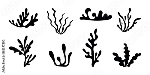 Abstract seaweed set in boho style. Sea algae, silhouette plants, reef of coral, submarine leaf, marine flat elements. Underwater summer icon. Isolated vector illustration on white background.