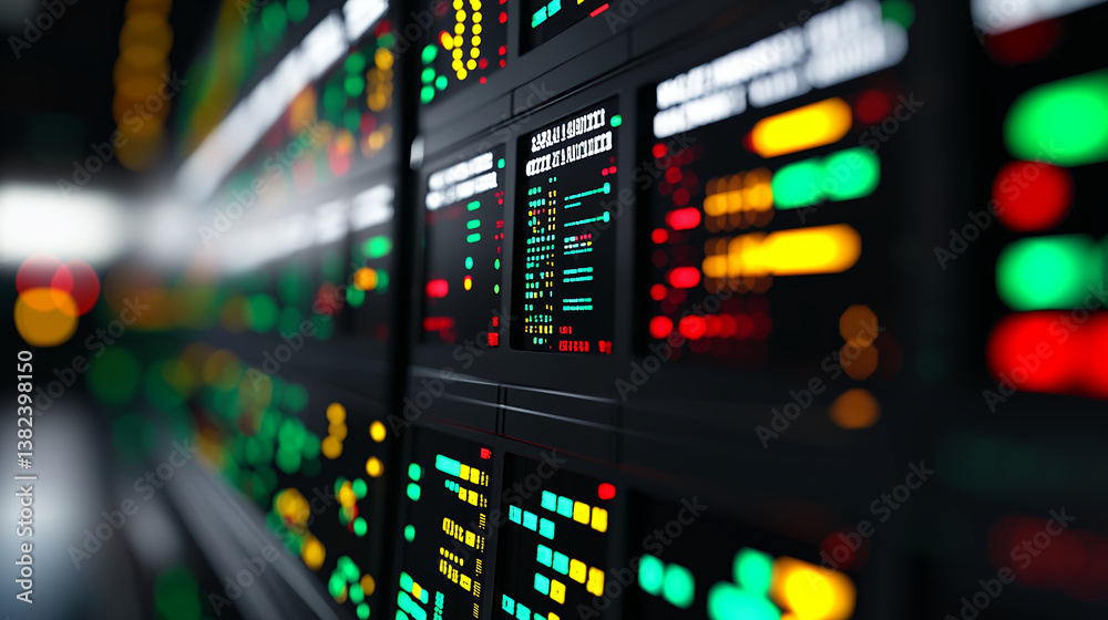 Digital display board showing colorful data metrics, graphs, and statistics in modern environment, conveying sense of technology and analysis Digital display board showing colorful data metrics, graphs, and statistics in modern environment, conveying sense of technology and analysis