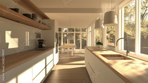 Modern Kitchen Design: Sunlight Streaming Through Large Windows