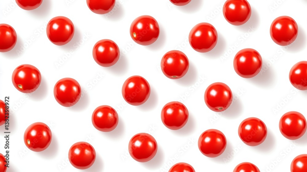 32.A clean flat lay featuring bright red cherry tomatoes scattered evenly across a pristine white background, their smooth skin reflecting subtle light with faint shadows underneath. 32.A clean flat lay featuring bright red cherry tomatoes scattered evenly across a pristine white background, their smooth skin reflecting subtle light with faint shadows underneath.