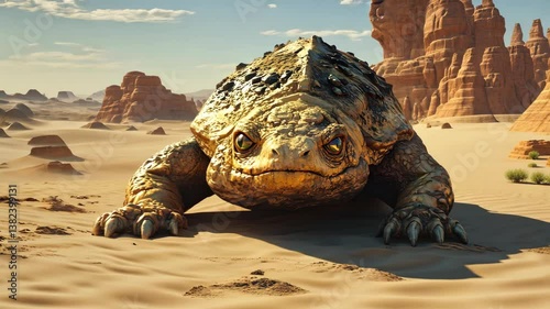 Ancient Giant in Desert: An imposing creature of the earth surveys the desert landscape. This image captures the grandness of nature and the potential of undiscovered life.