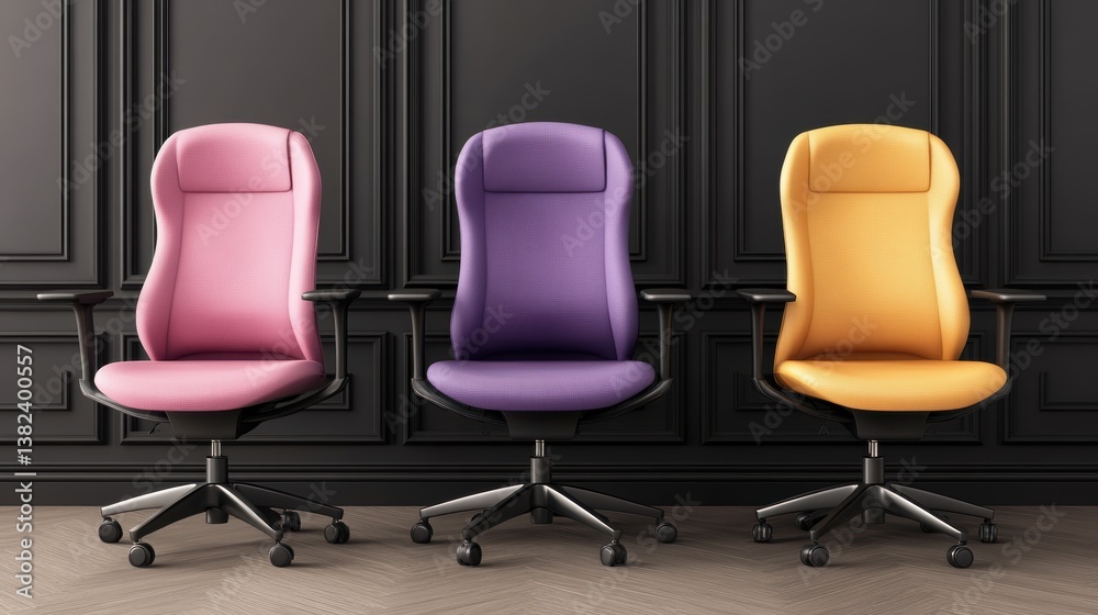 Obraz premium Three stylish ergonomic office chairs in pink, purple, and orange are arranged against a dark, elegant backdrop, This image is ideal for marketing, interior design, and furniture-related content,