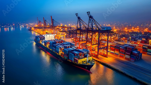 Cargo ship loading containers at a busy port at night