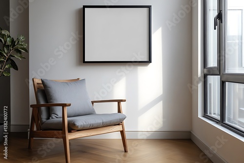 Minimalist Room Interior with Wood Chair, Pillow, Frame, Window, and Plant Pot