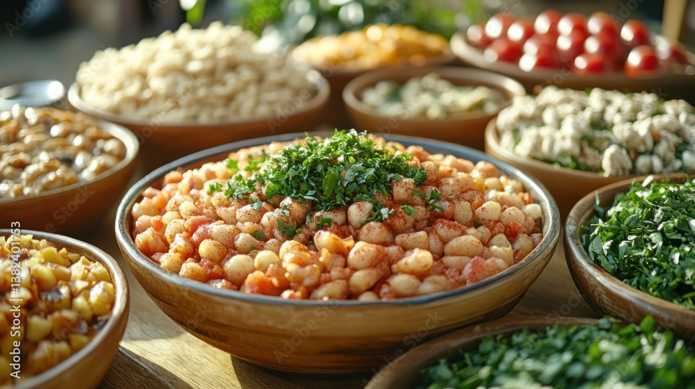 Diverse colorful dish bowls filled with various food ingredients Diverse colorful dish bowls filled with various food ingredients