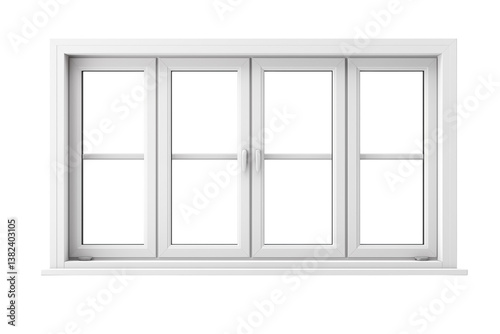 A white framed four pane window with black glass on a in a studio setting on transparent background png