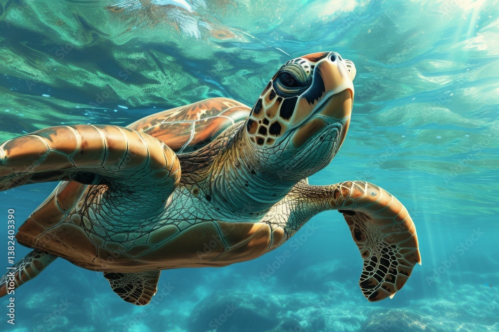 Fototapeta premium A sea turtle gracefully swims through the clear blue waters of the ocean, showcasing its natural beauty and the vibrant underwater ecosystem that surrounds it