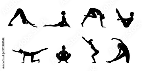 Silhouettes of slim girl practicing yoga stretching exercises. Shapes of woman doing yoga fitness workout. Set of yoga positions.  