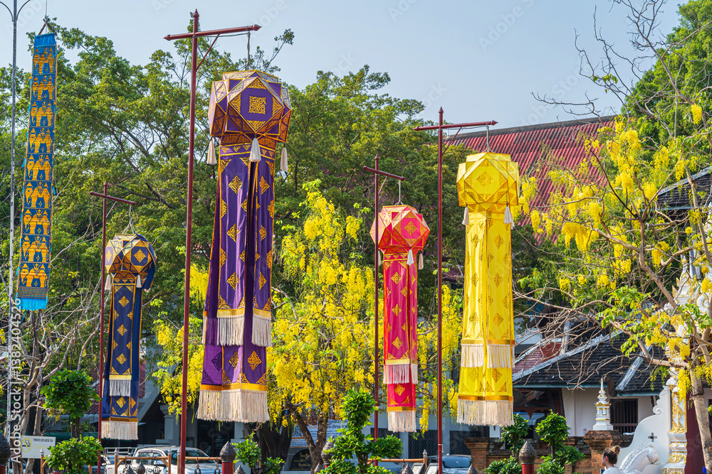 Lanna lantern and Prayer flags tung Hang or Northern traditional flag hang on sand pagoda in the Wat Chedi Luang temple for Songkran Festival is celebrated in a traditional New Year's Day in Chiang Ma