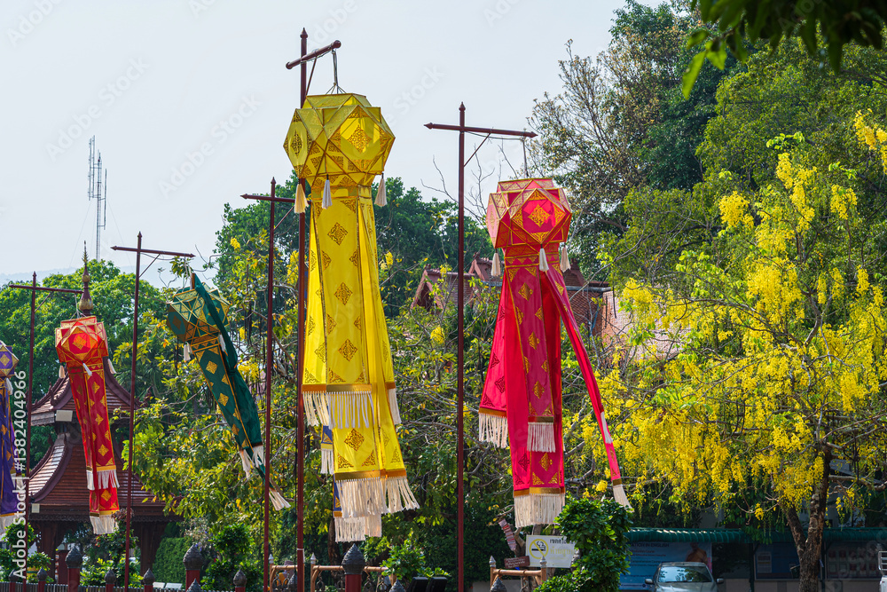 Lanna lantern and Prayer flags tung Hang or Northern traditional flag hang on sand pagoda in the Wat Chedi Luang temple for Songkran Festival is celebrated in a traditional New Year's in Chiang Mai