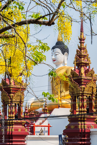Obraz na płótnie Beautiful Cassia Fistula around Buddha statue Instant God in Wat Rajamontean temple the wall of moat in Chiang Mai Northern Thailand.for Songkran Festival w salonie