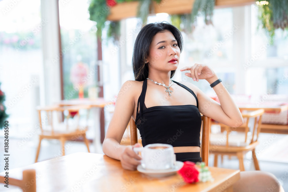 valentine's day, Portrait beautiful asian people woman fashion model in summer Black dress and coffee in cup holding bouquet of red roses in the living room inside or cafe