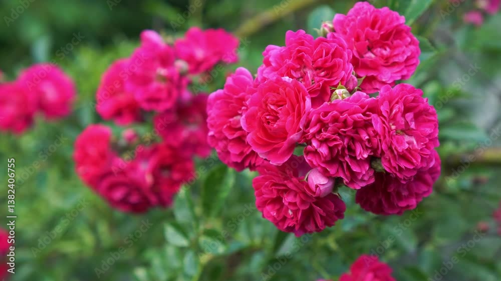 Red flowers on a climbing rose bush on a mesh fence in a garden plot in summer as a catalog concept of an online flower shop and ornamental plant nursery Red flowers on a climbing rose bush on a mesh fence in a garden plot in summer as a catalog concept of an online flower shop and ornamental plant nursery