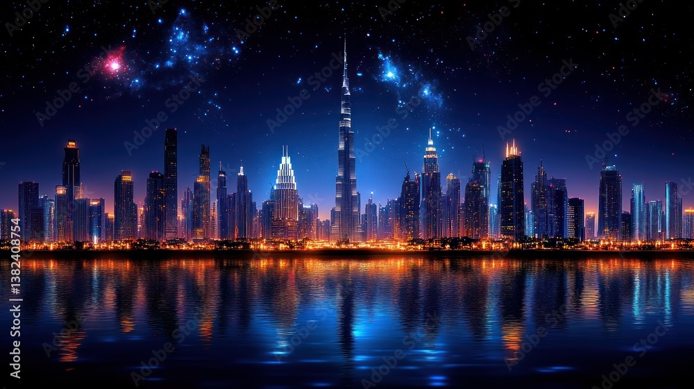 Obraz premium Dubai skyline at night, illuminated skyscrapers reflecting on water, starry sky