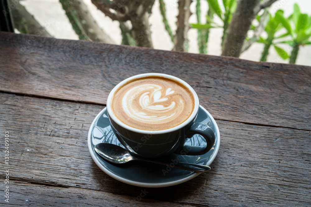 Hot coffee latte with latte art milk foam in cup mug on wood desk on top view. As breakfast In a coffee shop at the cafe,during business work concept,vintage style