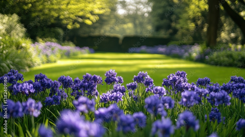 A blooming meadow with lush grass and clusters of fragrant purple flowers A blooming meadow with lush grass and clusters of fragrant purple flowers