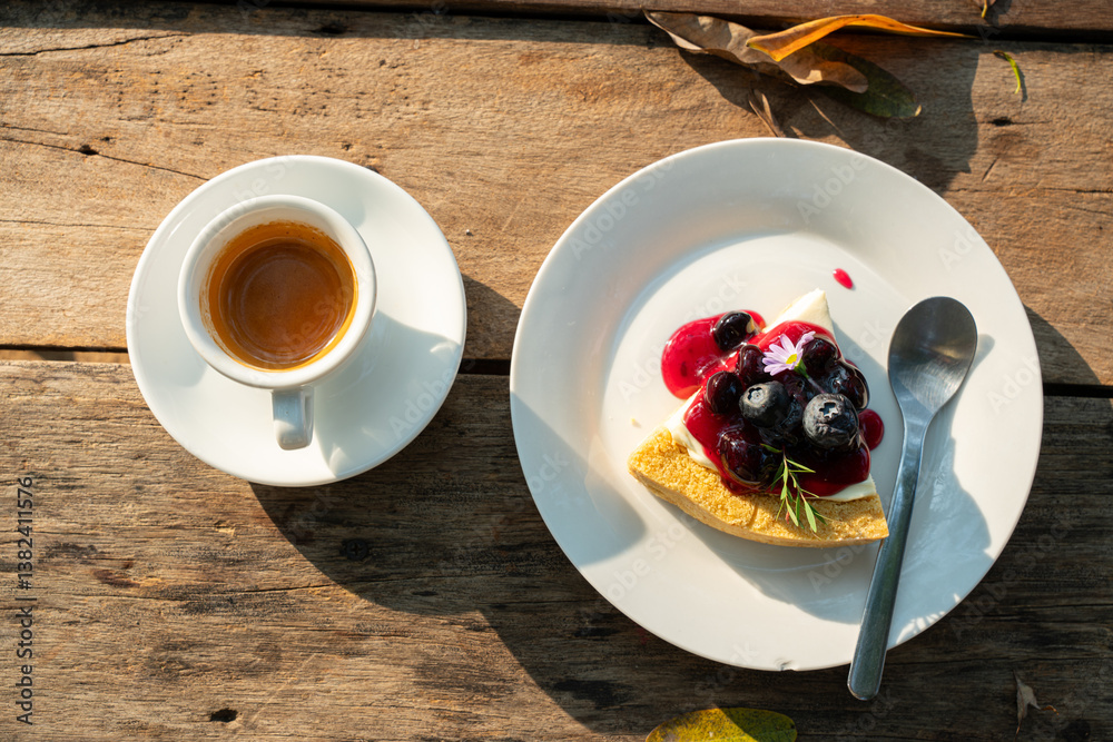 Hot coffee espresso in cup mug and Homemade Blueberry cheesecake wood desk on wood desk on top view. As breakfast In a coffee shop at the cafe,during business work concept