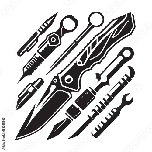 Black Color Utility Knife Silhouette Vector Illustration, Solid White Background