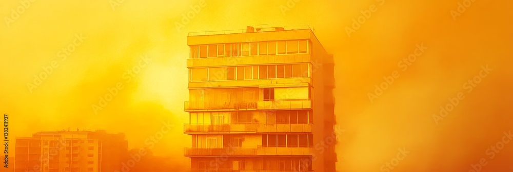 Building obscured by orange haze or smoke in an urban