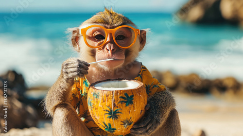 Playful capuchin monkey in colorful Hawaiian outfit and stylish sunglasses, enjoying a refreshing coconut drink on a sunny tropical beach, vacation banner with copy space.