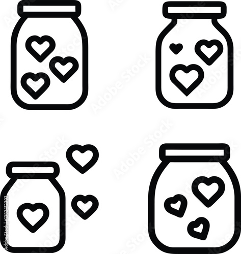 Four black and white line art illustrations of glass jars filled with hearts.