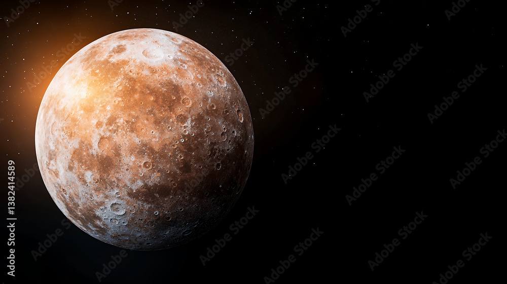Fototapeta premium detailed view of celestial body, showcasing its textured surface and craters against dark background, with soft glow illuminating one side