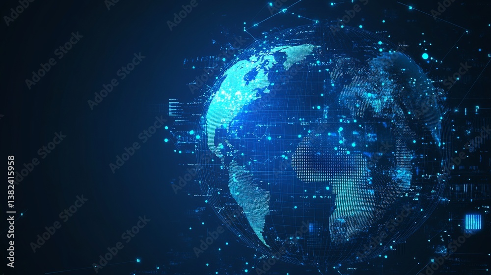 Obraz premium A glowing digital globe with data streams and connections against a dark blue background design