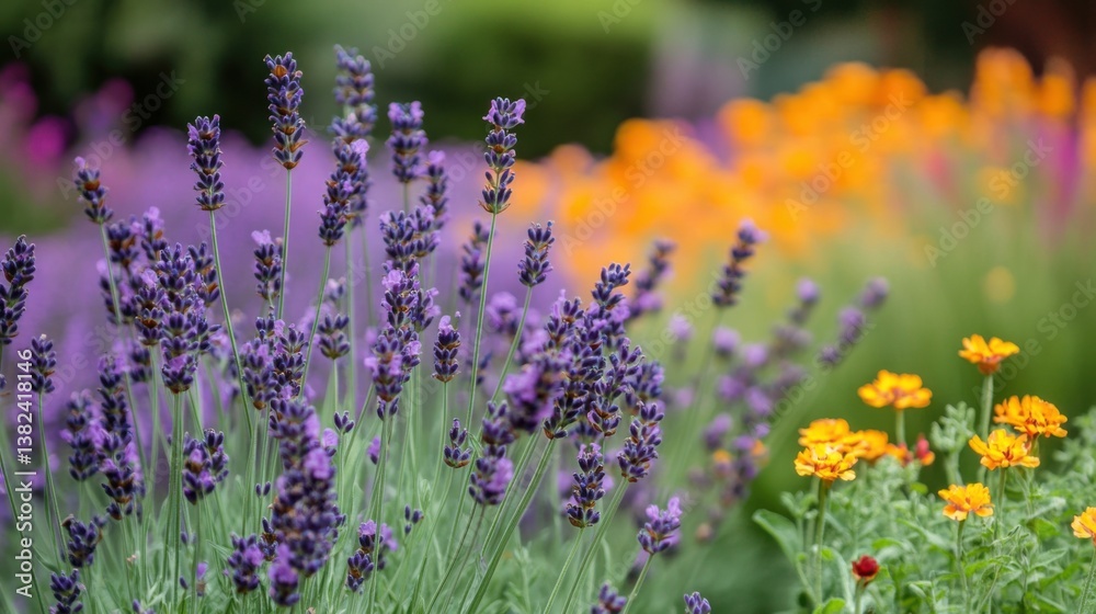 Obraz premium A picturesque meadow blanketed with purple lavender and golden buttercups