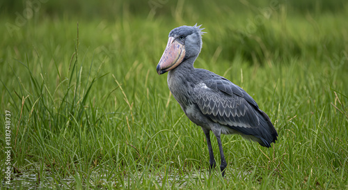 The Elegant Shoebill Stork Standing in a Marsh
