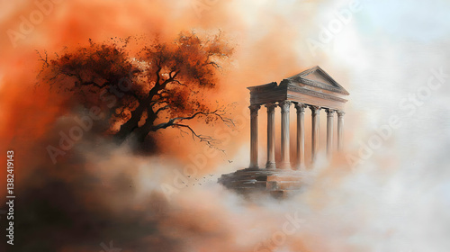 Ancient Ruins and Foggy Tree in a Hazy Orange Landscape