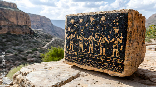 Ancient Stone Carving with Inscription in Mountainous Landscape
